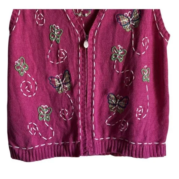Mandal Bay VIntage Vest Butterfly Embroidered Grandmacore Teachercore Pink Zip L - Picture 3 of 6